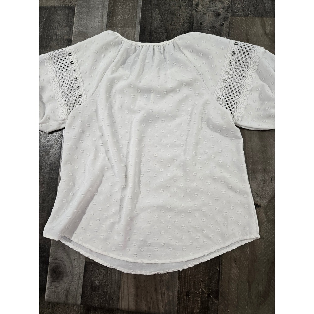 Adrienne Vittadini White Swiss Dot Crochet Lace Keyhole Tie Peasant Blouse Small - Picture 8 of 9